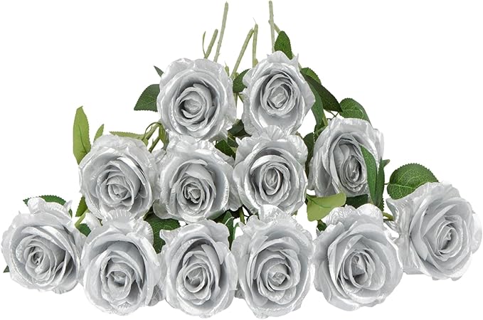 12 PCS Artificial Flowers Silver Roses, Silk Flowers Fake Long Stem Artificial Roses for Home Wedding Bathroom Kitchen Decorations (Silver)