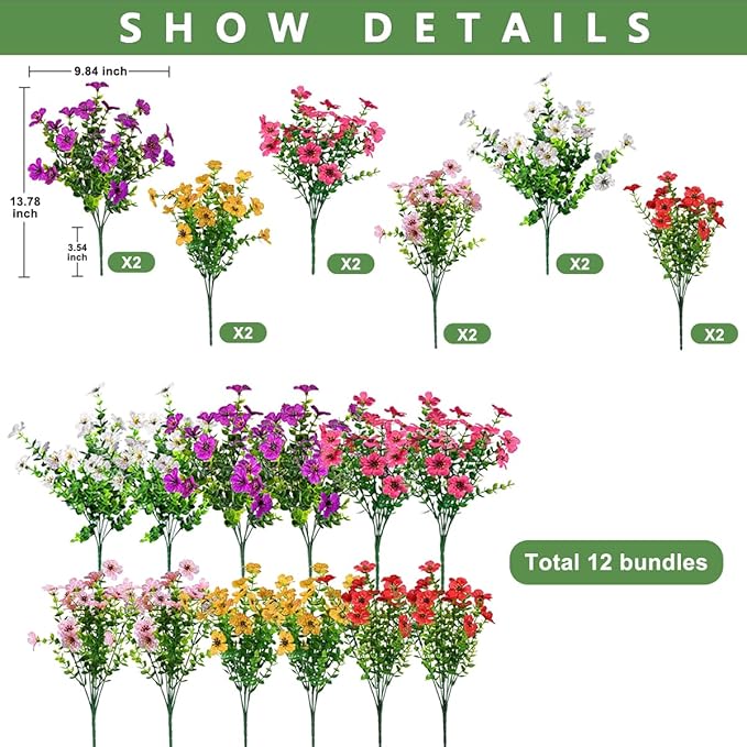 12 Bundles Artificial Flowers for Outdoor,No Fade UV Resistant Fake Flowers,Faux Plants for Outside Hanging Planters,Artificial Plants for Indoor Porch Garden Home Wedding Decor(6 Color)