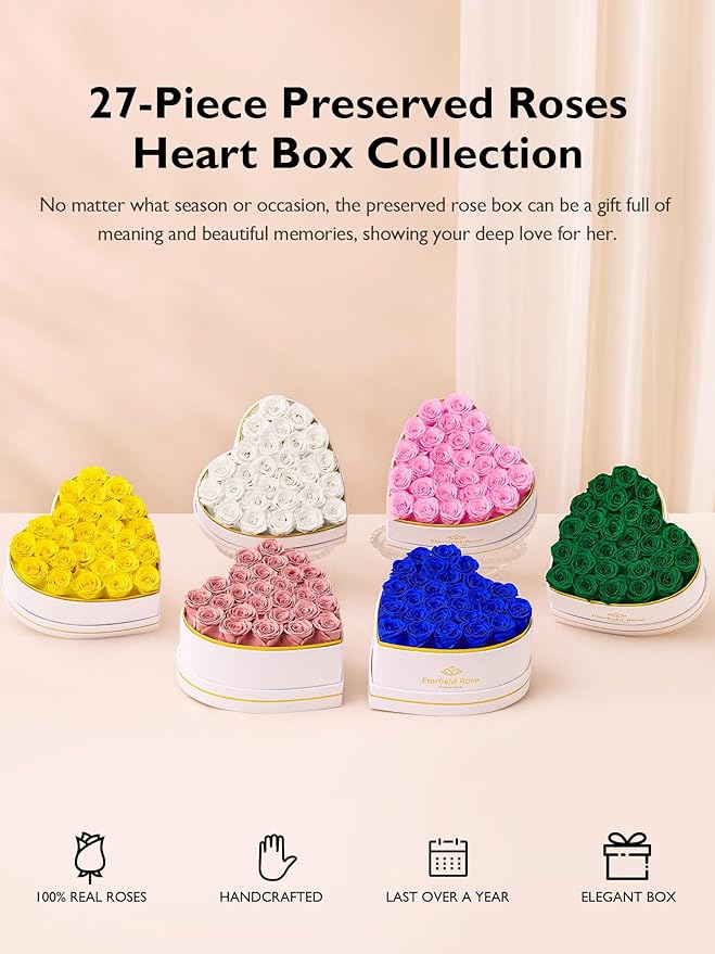 Eterfield 27 Forever Flowers in Heart Shape Box, Preserved Roses That Last a Year Preserved Flowers Birthday Gifts for Her Mom Women Wife Anniversary Valentines Day Mothers Day Christmas, Dusty Pink