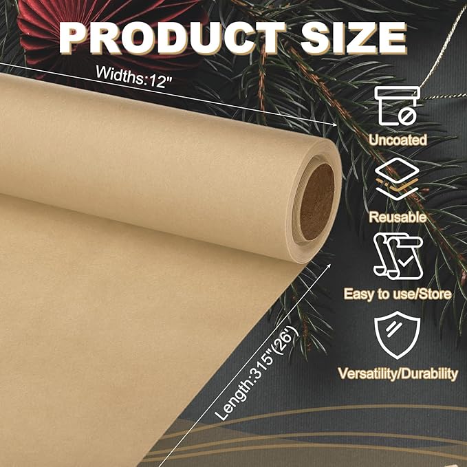PATIKIL Wrapping Paper, 12"x315"(26') Bulletin Board Paper Roll Kraft Paper Roll Construction 80GSM for Shipping Packing Gift Wrapping Craft Flower Bouquet Christmas, Brown