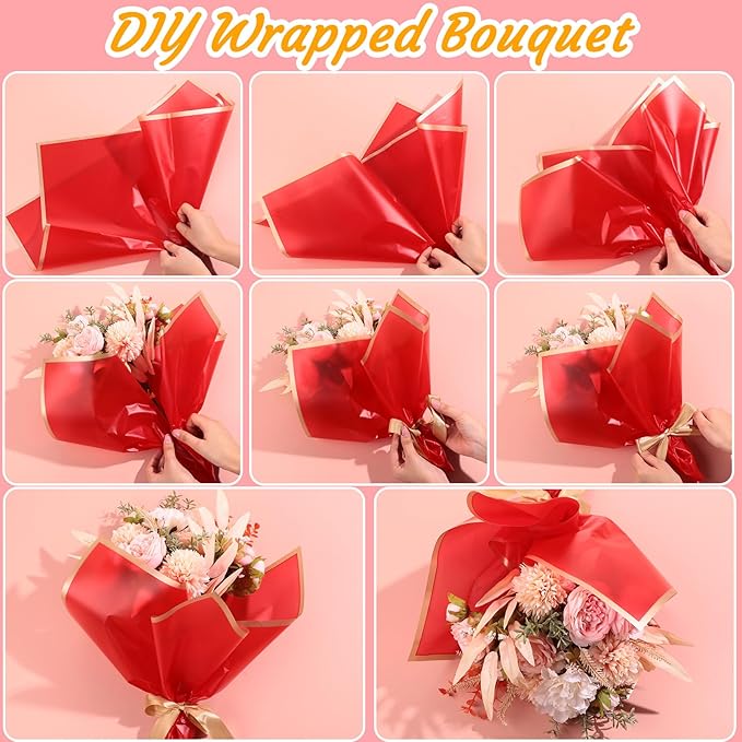 Yahenda 420 Sheet Flower Wrapping Papers Flower Bouquet Paper with Gold Edge Korean Style Bouquet Wrapping for Floral Supplies Wedding Anniversary DIY Gifts, 23 x 23 Inch(Red)