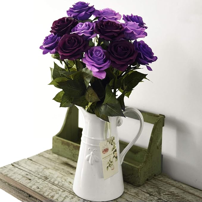 FiveSeasonStuff 12 Stems Artificial Flowers Real Touch Silk Roses for Wedding Decoration Bridal Bouquets Table Centerpieces Party Shower, Packed in Box (Purple Grandeur)
