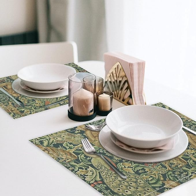 William Morris Floral Animal Placemats Set of 6, Vintage Botanical Plant Birds Rabbit Place Mats, Heat Resistant Non Slip Cotton Linen Dining Table Mats for Home Kitchen Party 18x12 Inch