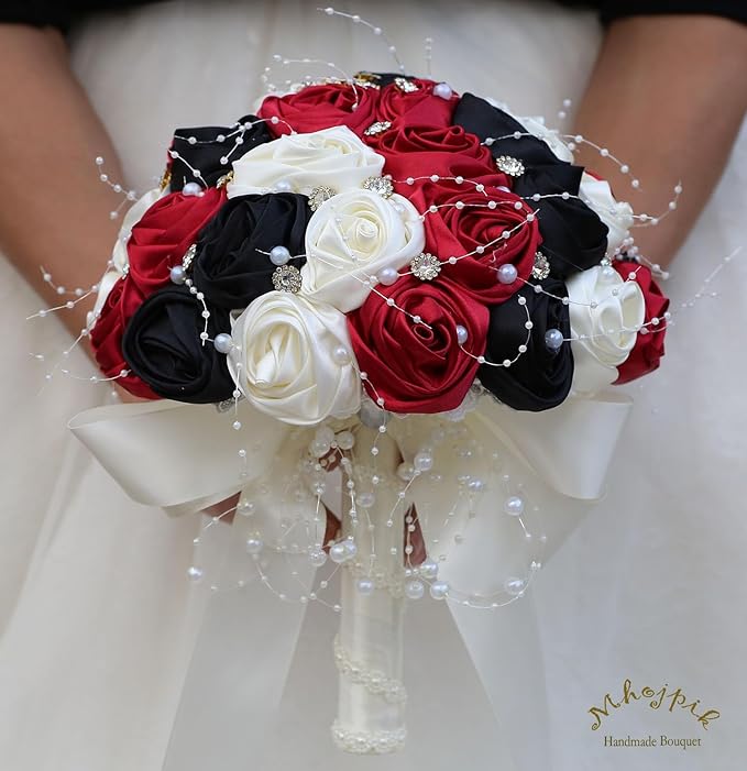 Bridal Wedding Bouquet Round Bling Brooch Bouquet Throw Toss Artificial Rose Flower Bunch for Bride Bridesmaid Wedding Quinceanera(Ruby Red, Black & Ivory, 6.3")
