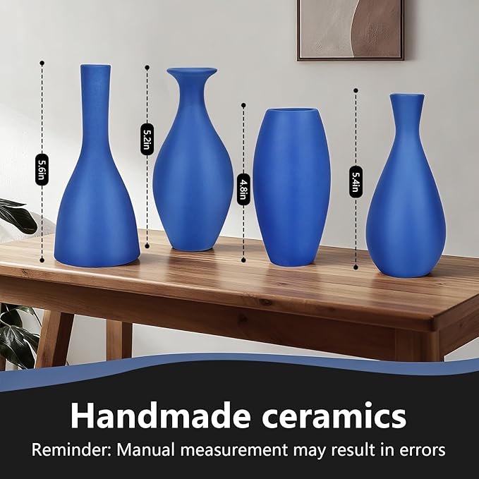 Matte Blue Ceramic Vase 4 Piece Set, Navy Blue Vase for Rustic Modern Home Decor, Coastal Decorative Vases for Living Room, Kitchen,Table,Shelf,Office,Housewarming,Gift