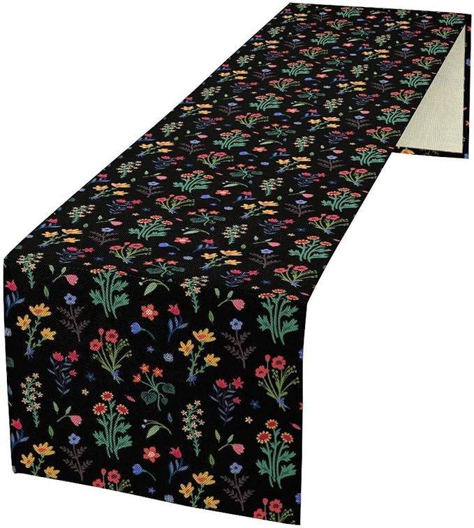 Retro Floral Table Runner, Colorful Bohemian Wildflower Flowers Blooms Vintage Table Runner for Kitchen Dining Party Home Decor, 13x120 Inch