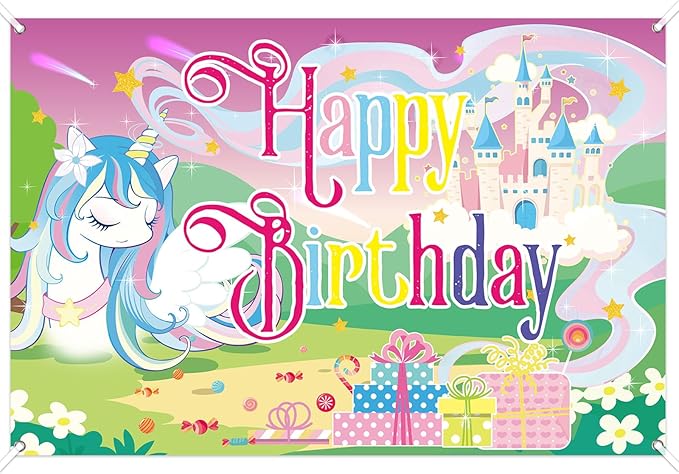 Unicorn Birthday Backdrop Banner, 150x100cm/59x39.37 Inch Happy Birthday Cartoon Theme Decoration Rainbow Unicorn Background Banner Photo Props for Party Girl Kid