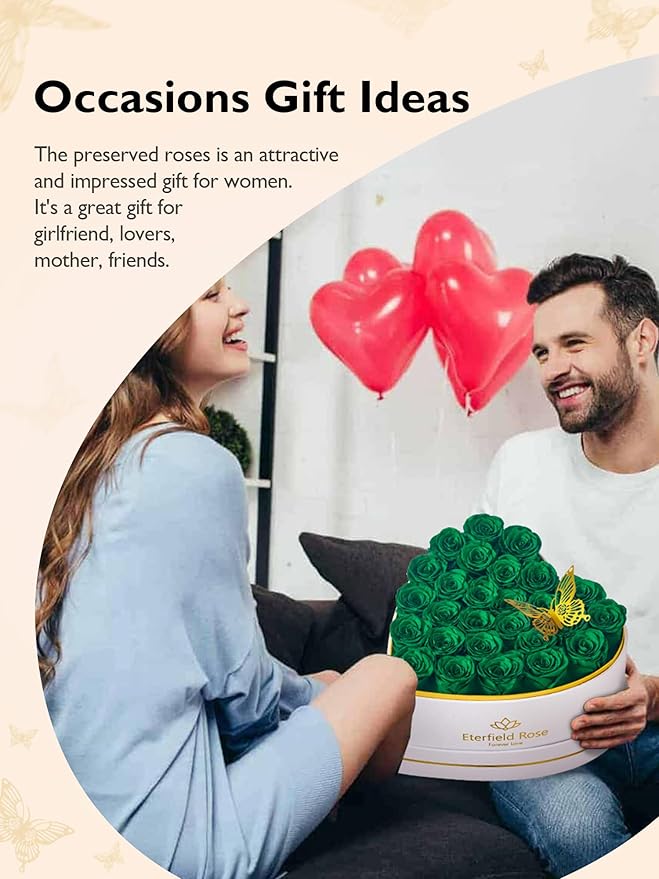 Eterfield 27 Forever Flowers in Heart Shape Box, Preserved Roses That Last a Year Preserved Flowers Birthday Gifts for Her Mom Women Wife Anniversary Valentines Day Mothers Day Christmas, Green