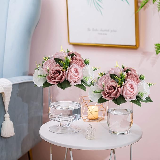Sziqiqi Pink Flores Artificiales para Decoracion Silk Flower Ball for Wedding Centerpiece Fake Dusty Rose Flowers Artificial Floral Arrangement Center Piece Kissing Bouquet for Party