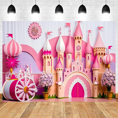 10x7ft Princess Castle Backdrop Pink Purple Floral Girl Birthday Photography Background Kids Birthdays Newborn Baby Shower Banner Decorations Wedding Party Portrait Photo Booth Prop