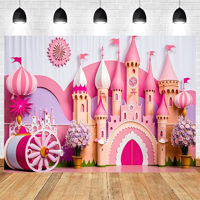 12x6ft Princess Castle Backdrop Pink Purple Floral Girl Birthday Photography Background Kids Birthdays Newborn Baby Shower Banner Decorations Wedding Party Portrait Photo Booth Prop