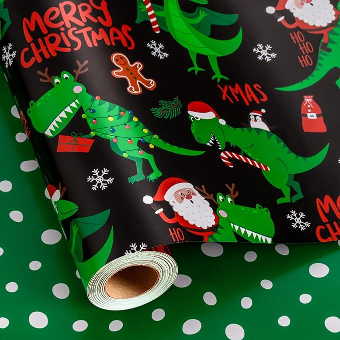 Yarcony Reversible Black Christmas Wrapping Paper for Kid, Funny Dinosaur and Santa Claus Pattern Christmas Gift Wrapping Paper for Kids Boys Men Holiday Gift Packaging (Mini Roll, 17 Inch X 33 Feet)