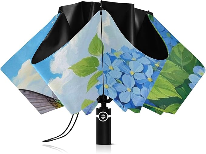 Automatic Folding Umbrella Windproof Strong, UV Protection Compact Floral Hydrangea Hummingbird Sun Rain Sun Rain Travel Umbrellas for Women Men