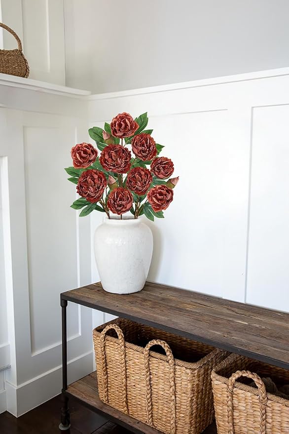 Briful 3 Pack Artificial Peony Flower 27.5" Tall Brick Red Silk Peonies Floral Stems Real Touch Faux Peony Flower for Wedding Bouquets Home Floral Arrangements Table Centerpieces DIY Décor
