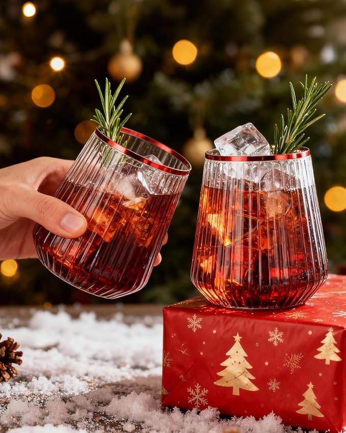 BESTSTAR 36 Pcs 12 oz Plastic Clear Red Rim Ribbed Wine Glasses, Origami Ripple Disposable Champagne Glasses Elegant Whiskey Glasses Ideal for Weddings, Bars, Christmas, Pool Party, Daily Use