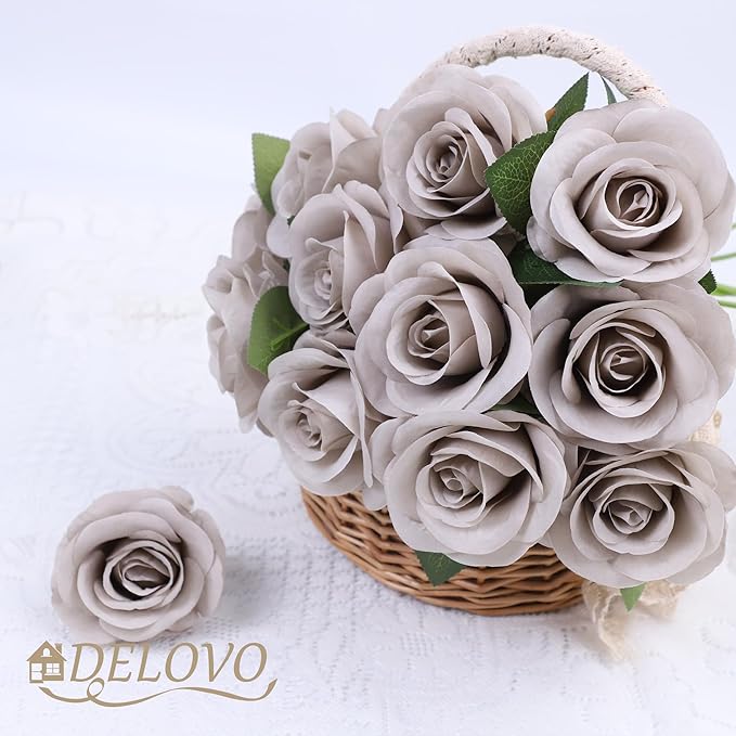 52pcs Grey Roses Artificial Flowers Fake Flowers Silk Roses with Stems for DIY Wedding Bouquets Bridal Shower Centerpieces Arrangements Party Decorations