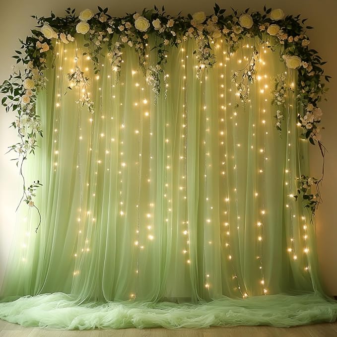Tulle Curtain Backdrop with 300 LED Fairy Lights for Parites Wrinkle-Free Sheer Curtain Drapes Photo Back Drop for Wedding Baby Shower Bridal Shower Birthday Home Décor - 10ft×10ft, Sage Green
