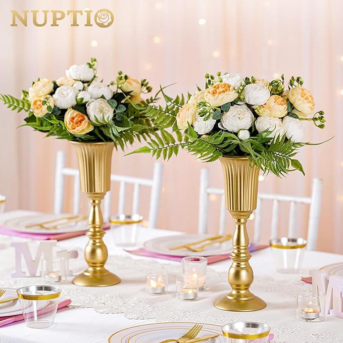 Nuptio Pcs of 10 Metal Trumpet Vase Elegant Wedding Centerpieces Vase for Party Decoration, 31.9cm/12.56" Tall Artificial Flower Arrangements for Anniversary Ceremony