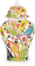 Sungmor Decorative Ceramic Ginger Jar with Lid, Floral Pattern Porcelain Temple Storage Jar, 14" Hand Painted Ceramic Flower Vase for Centerpiece, White Glazed Vase for Flower Arrangement, Home Decor