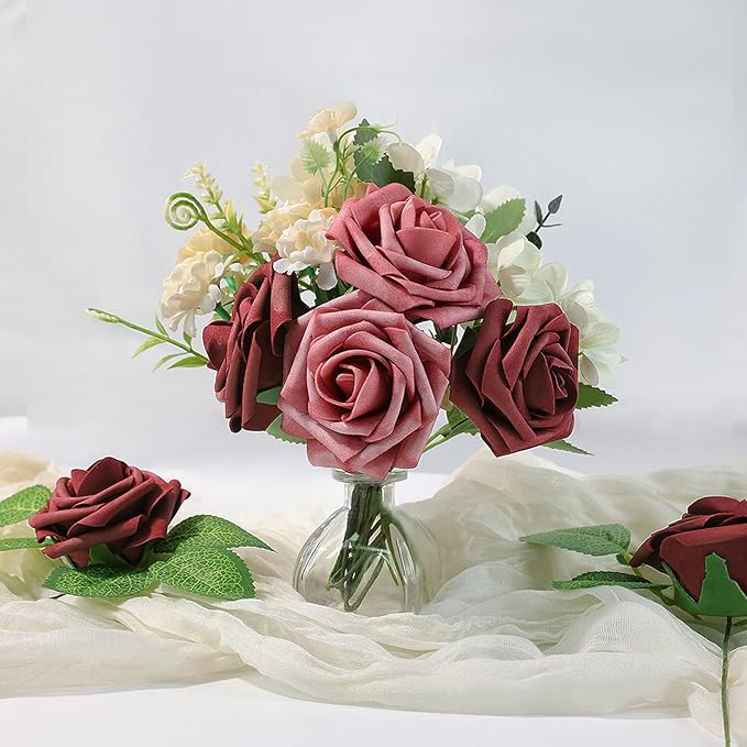 Meldel Artificial Flower 25pcs Real Touch Burgundy Rose Fake Foam Roses with Stems for DIY Wedding Bouquets Gifts Bridal Shower Faux Floral Centerpieces Arrangements Home Party Tables Decorations