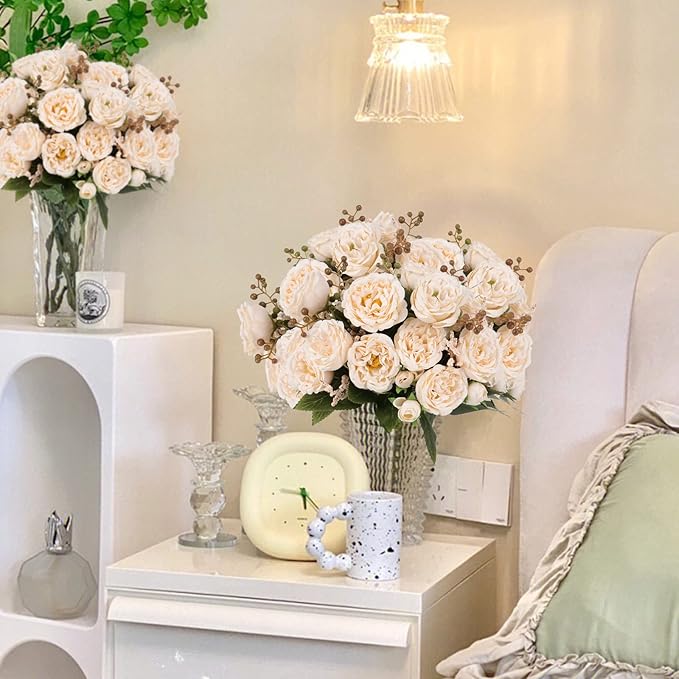 Artificial Peonies Silk Flowers, Beige Faux Peony Bouquet 4 Bundles Florals Arrangements Decor for Farmhouse Home Boho Wedding Table Centerpiece, Fake Plastic Flowers Bulk for Vase Decoration (Beige)