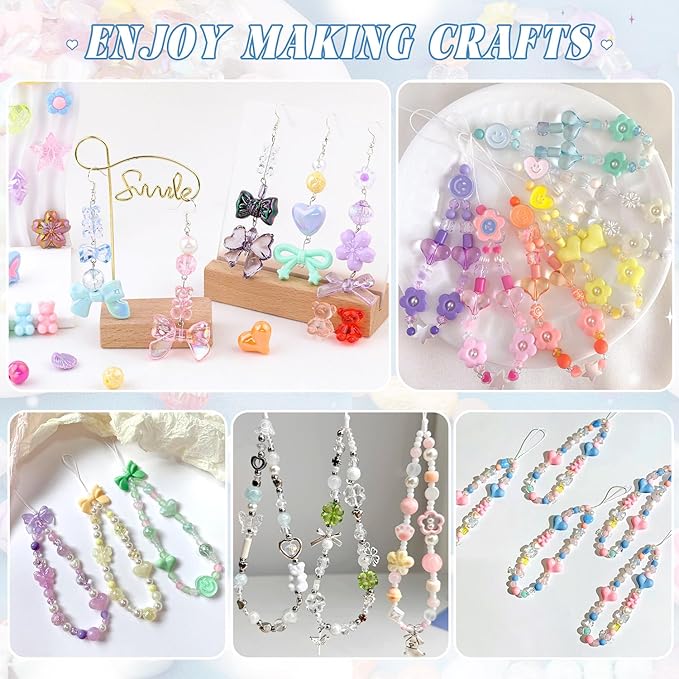 Assorted Acrylic Beads, 500-550PCS 8 Colors Series Cute Beads for Bracelet Making, GummyBear Bow Candy Kawaii Charms for Jewelry Making DIY Necklace Keychain Phone Charm Christmas Gift