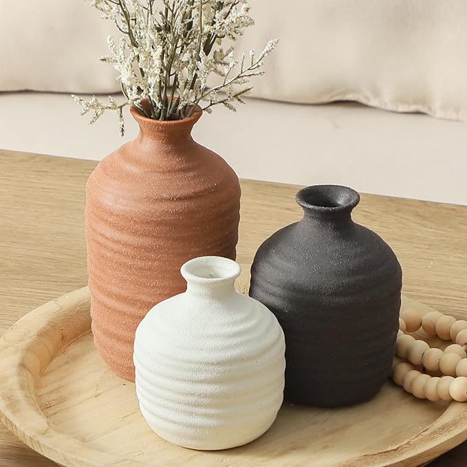Ceramic Vase Set of 3 Decorative Vase for Home Decor Modern Farmhouse Decor Pottery Neutral Vases for Living Room Bathroom Table Mantel Fireplace Entryway Shelf (02-Brown)