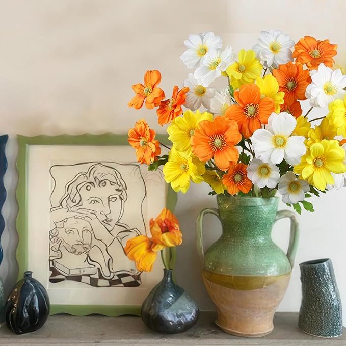 6 Pcs Artificial Flowers with Stems Faux Daisy Flowers Bouquet Orange Gardenia Silk Flowers for Home Decor Indoor Vase Outdoors Balcony Table Centerpiece Outside Floral Arrangements Wedding