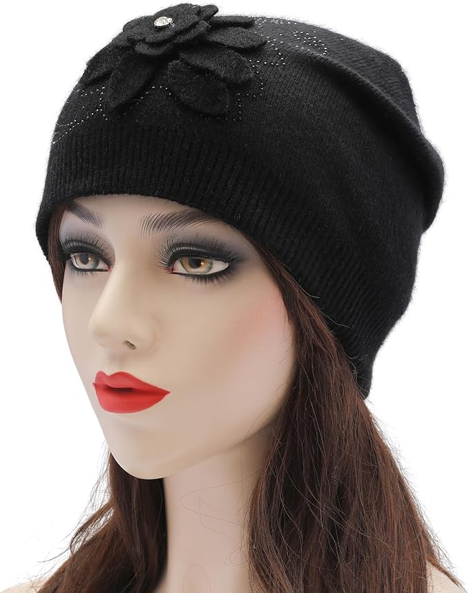 ZLYC Women Floral Slouchy Beanie Hat Double Layer Winter Knit Skull Cap