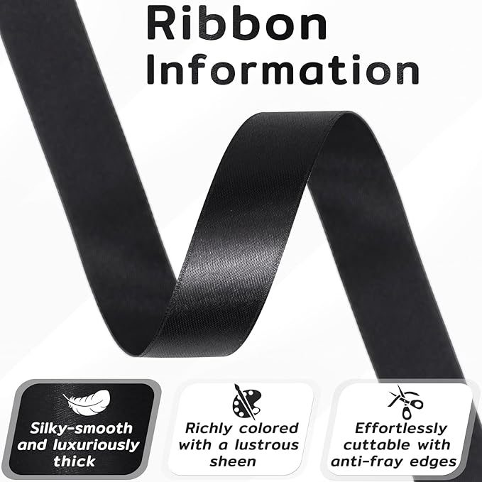 60 Yards Black Satin Ribbon 3/4 Inch, Solid Polyester Fabric Ribbon for Gift Wrapping, Crafts, Flower Bouquet, Wedding, Baby Shower, Festival, Christmas, Halloween