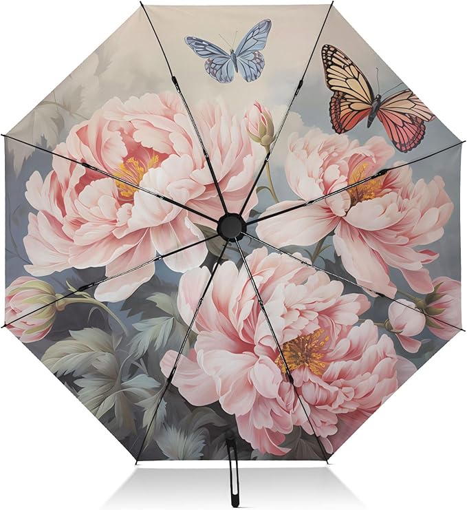 Automatic Folding Umbrella Windproof Strong, UV Protection Compact Floral Hydrangea Hummingbird Sun Rain Sun Rain Travel Umbrellas for Women Men