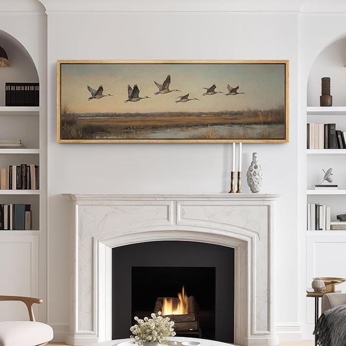 SIGNFORD Large Framed Canvas Print Wall Art Flying Cranes Over Wetlands Vintage Nature Bird Scene Illustrations Modern Art Relax/Calm Warm for Living Room, Bedroom, Office - 60"x20"