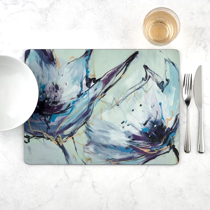 Pimpernel Abstract Lilac Collection Placemats, 4-Piece Set – (15.7" x 11.7") Rectangular Cork-Backed Dining Table Mats with Lacquered Finish, Heat & Stain Resistant Tabletop & Furniture Protection