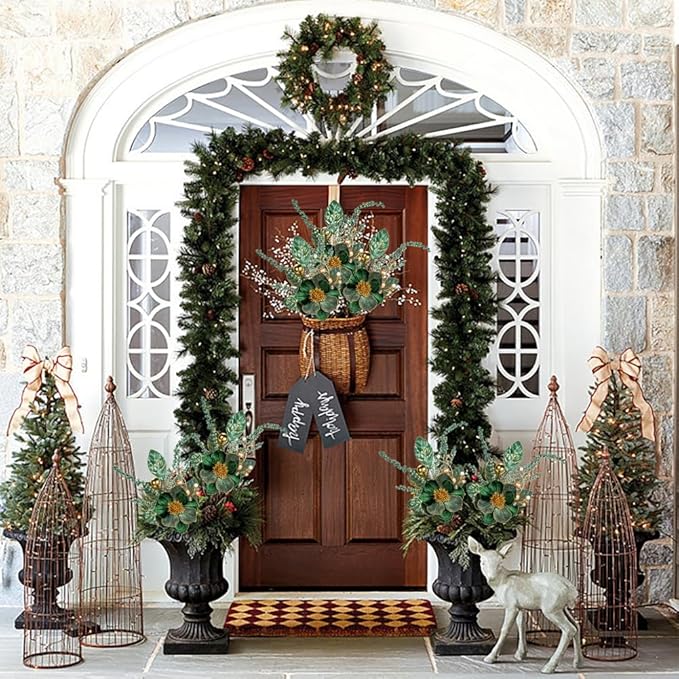 Briful 2PCS Christmas Glitter Magnolia Flowers Picks and Spray with Christmas Balls Ornament Berries Green Leaves Branches for Xmas Tree Wreath Vase Table Centerpiece(Green Gold)