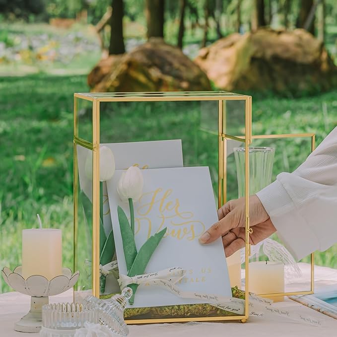 NCYP Small Glass Cards Box with Slot and Lock for Wedding, 8" x 5.5" x 11.3" - Home Birthdays Party Tabletop Decor, Gold, Clear Envelopes Terrarium (Card Box Only)