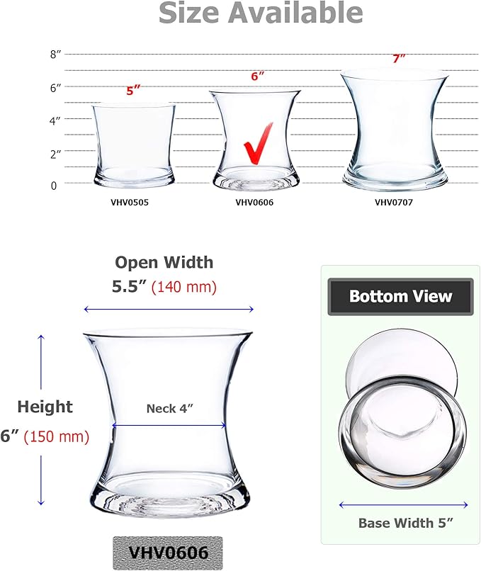 WGV Unique Bouquet Vase Bulk, 5.5" W, 6" H, Clear Short Hurricane Concaved Neiman Glass Floral Container, Home Wedding Event Decor, 12 Pieces (VHV0606)