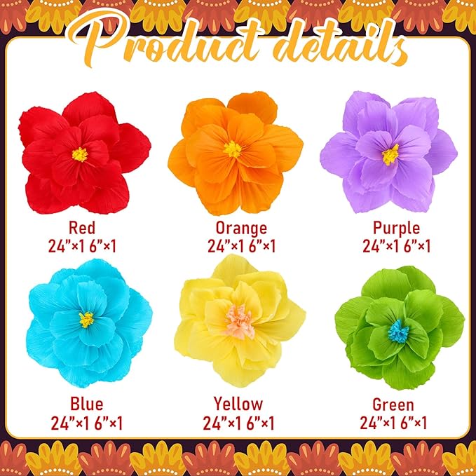 Giant Paper Flowers Artificial Large Paper Flower Decoration for Handcrafted Wall Backdrop Christmas Mexican Wedding Graduation Bridal Shower Birthday Party Supplies(Mexican Fiesta,12 Pcs)