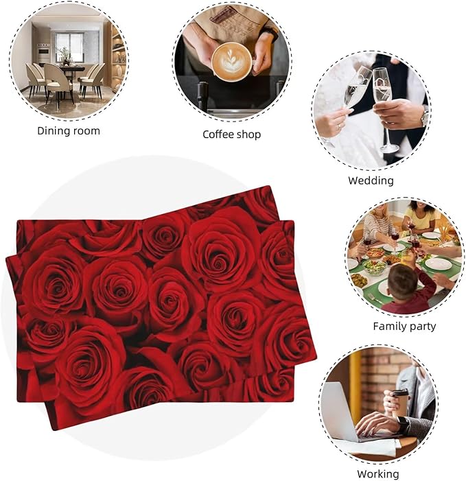 Red Rose Linen Table Placemats Set of 6 Beautiful Red Rose Placemats Home Party Kitchen Indoor Holiday Rustic Washable Heat Resistant Table Mats 12 x 18 Inch