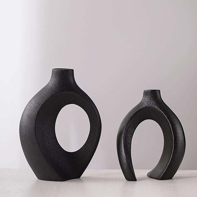 Black Vases Home Decor Set of 2, Ceramic Black Small Flower Vase, Minimalist Boho Decorative Modern Donut Vase for Farmhouse Living Dining Room Office Entryway Bookshelf Coffee Table Décor