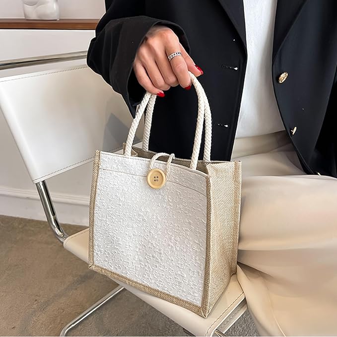 Women Tote Bag,2Pcs Jute Casual Tote's Handbag Embroidered Personalized Bento Bag,Reusable Grocery Bags Shopping Bags