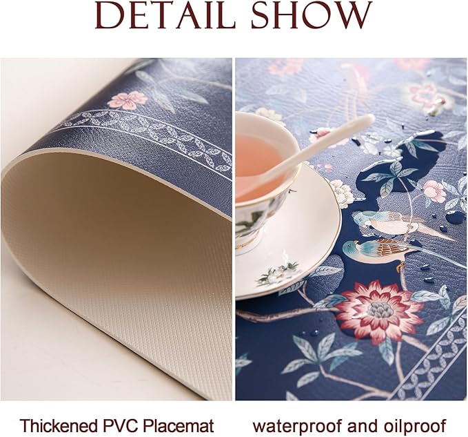 patdrea Blue Chinoiserie Rectangular PVC Placemats, Pack of 6, Waterproof Insulation, Soft and Durable, Suitable for Dining Table, Kitchen and Coffee Table Decoration,12"*17"