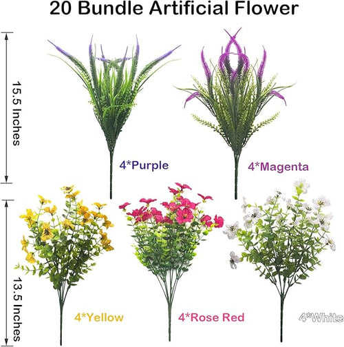 20 Packs Artificial Flowers Outdoor UV Resistant Fake Plants for Garden Patio Decor - Realistic Greenery for Hanging Planter Porch Window Home Wedding Spring Summer Decor