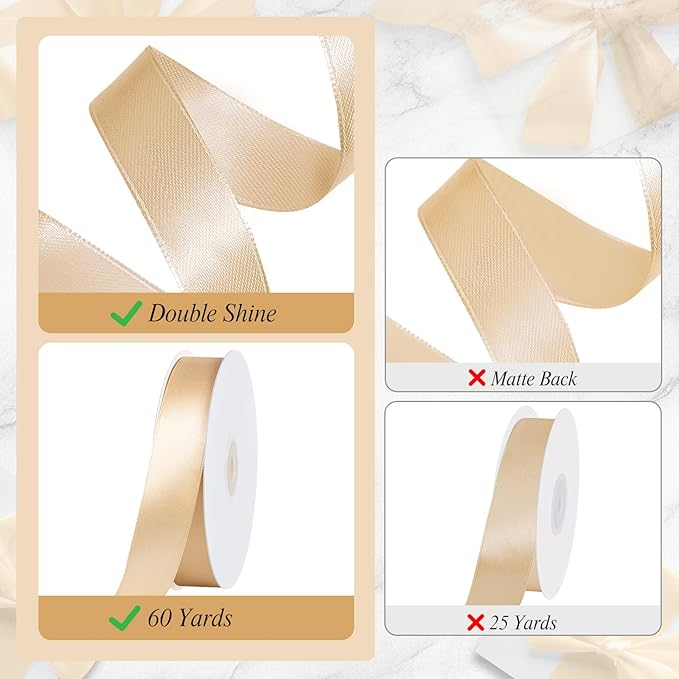 Champagne Ribbon 60 Yards 1 inch Double Faced Gold Satin Ribbon Christmas Ribbons for Gift Wrapping Bows Crafts Wedding Party Invitation Christmas Decorations