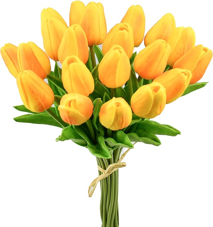 Mandy's Artificial Tulips 20 Stems Orange PU Faux Flowers for Thanksgiving and Christmas Decorations Wedding Home Decor 13.5 Inch