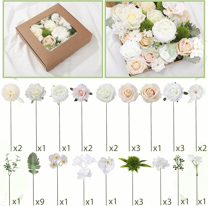Jspupifip Artificial Flowers Combo Box, Silk Floral Wedding Bouquets Rose with Stem for DIY Wedding Arrangement Bridal Baby Shower Flower Vase Centerpiece Cake Decor (White, Champagne)