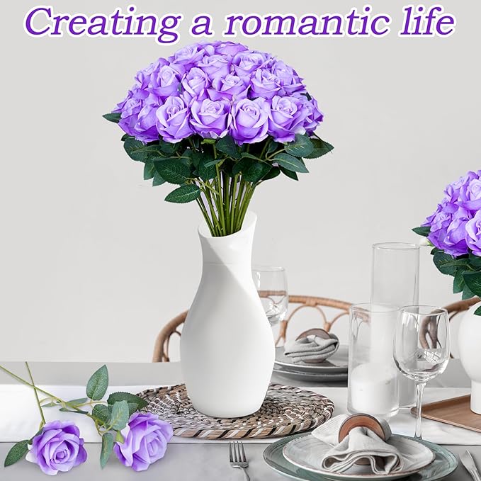 30pcs Fake Roses Artificial Silk Flowers Long Stems Bouquet for Wedding Bridal Shower Party Home Decoration (Purple)