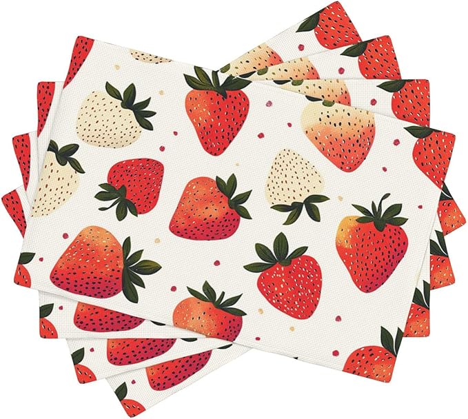 Sweet Strawberry Placemats Set of 4 Washable Table Mats Spring Summer Fruit Heat-Resistant Cotton Linen Place Mats for Dining Table Kitchen Indoor Outdoor Party Holiday Decor
