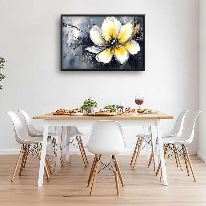 Abstract Flower Large Wall Art Framed Wall Decor for Living Room Black and White Floral Pictures Oversized Canvas Print Painting Modern Extra Large Artwork for Bedroom Office Home Decor 36"x24"