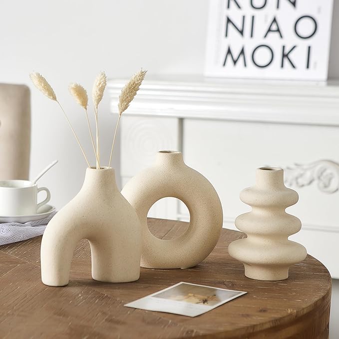 White Ceramic Vase Set of 3, Modern Boho Vases for Home Decor, Small Flower Vases for Pampas Grass, Round White Vases Centerpieces for Wedding Coffee Table Shelf Living Room Bedroom Entryway