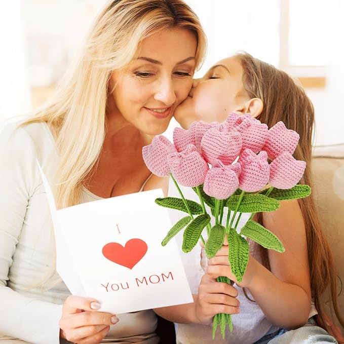 YoungJoy 12 Pcs Crochet Rose Handmade Knitted Flowers Tulip Sunflower Daisy Heart Artificial Knitted Floral Mother Day Graduation Home Decor(Cute Pink Tulip)